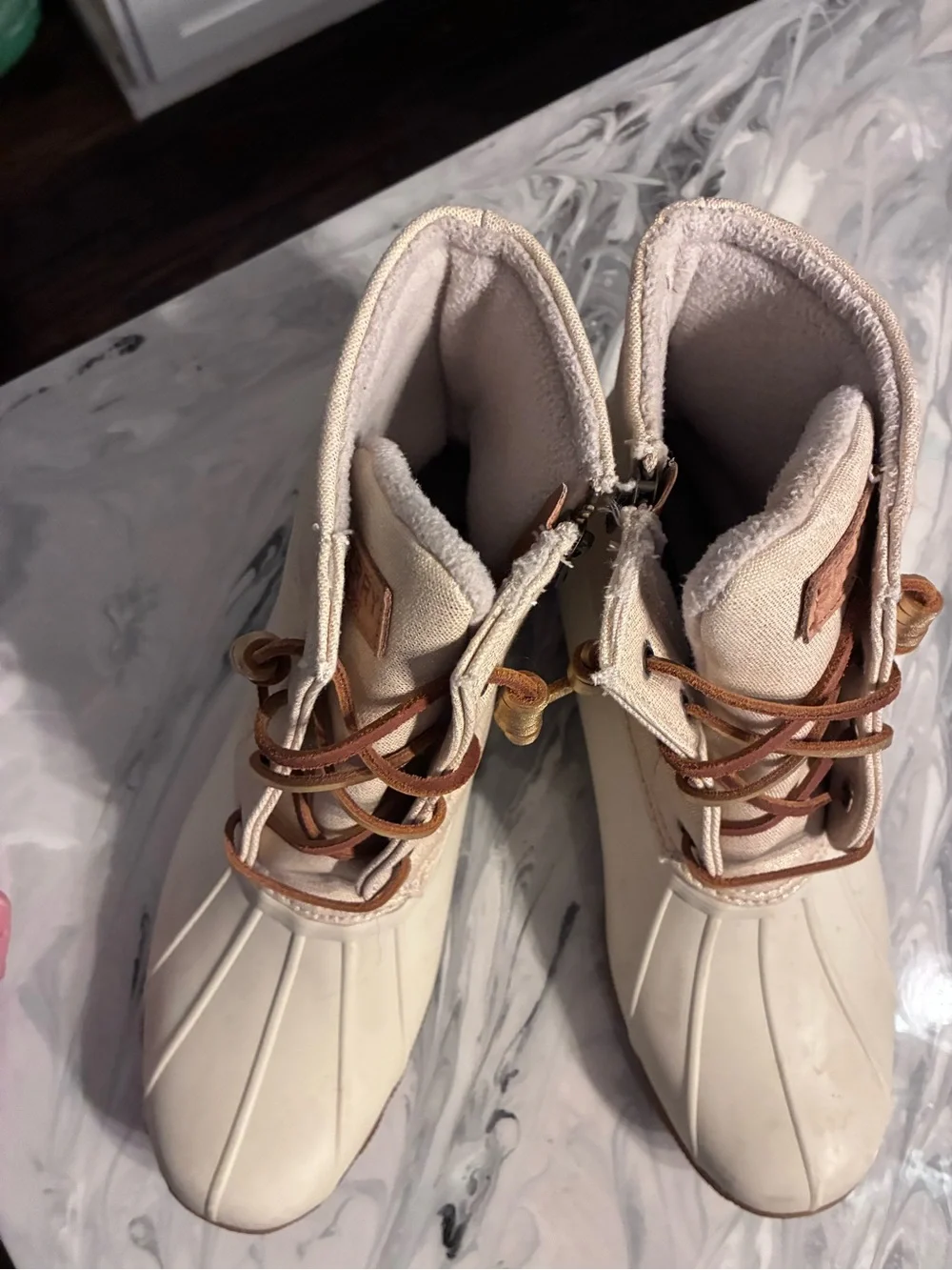 Women's Sperry Cream Gold Glitter Duck Boots with Brown Sole